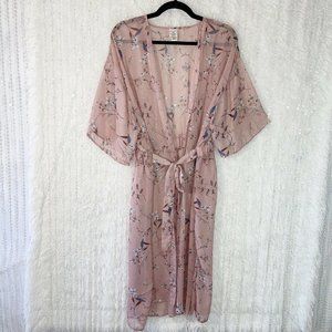 Sheer Midi Kimono Robe Size SMALL / MEDIUM Open Front Floral Beach Swim Cover-Up